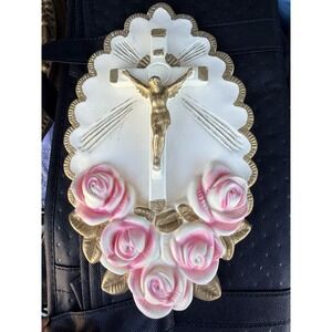 Vintage Chalkware Wall Plaques Religious Crucifix 10.5"x7"
